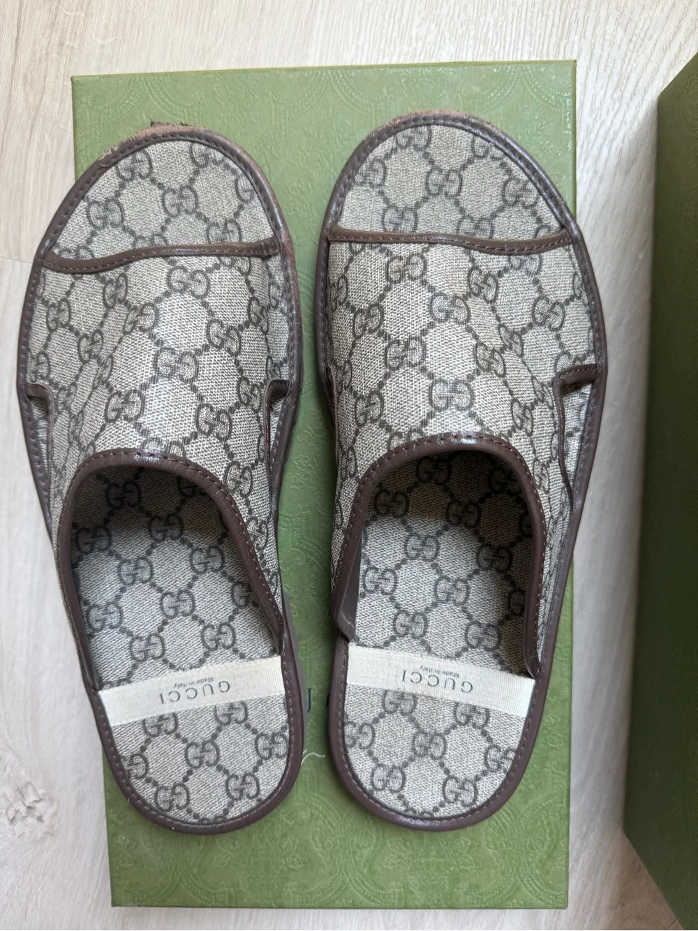 Gucci Beige GG Monogram Slip-On Slides Sandals with Brown Trim